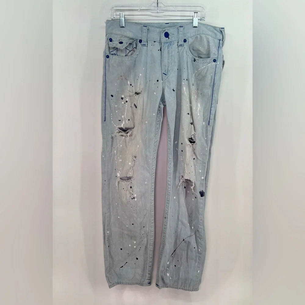 True Religion Light Blue Paint Splatter Acid Wash Straight Leg Jeans 34” x 32”